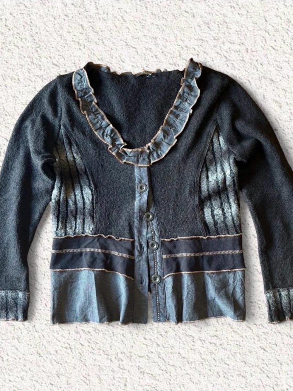 Black Ruffle-Trim Button Cardigan with Denim Accents